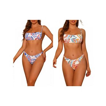 2 Sets Women's Leaf Print Colorful Bandeau Bikini Sets, Lace Up Adjustable Straps Swimsuit Swimwear