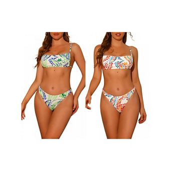 2 Sets Women's Leaf Print Colorful Bandeau Bikini Sets, Lace Up Adjustable Straps Swimsuit Swimwear