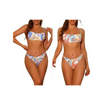 2 Sets Women's Leaf Print Colorful Bandeau Bikini Sets, Lace Up Adjustable Straps Swimsuit Swimwear