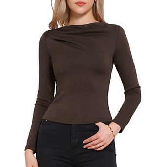 Long Sleeve Fitted Top for Women's Boat Neck Ruched Front Casual Basic Slim Shirt Tops