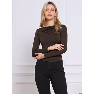 Long Sleeve Fitted Top for Women's Boat Neck Ruched Front Casual Basic Slim Shirt Tops