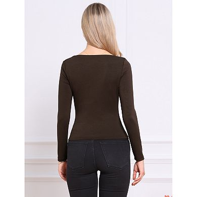 Long Sleeve Fitted Top for Women's Boat Neck Ruched Front Casual Basic Slim Shirt Tops