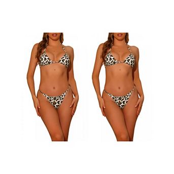 2 Sets Women's Leopard Print Halter Bikini Set, Lace Up Triangle Thong Bottoms Swimwear Bathing Suit