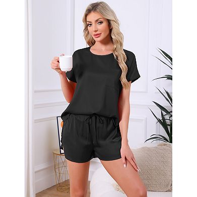 Women's Satin Silky Pajama Set Short Sleeve Crew Neck Front Pocket Top Drawstring Shorts Sleepwear