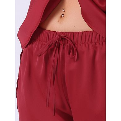 Women's Satin Silky Pajama Set Short Sleeve Crew Neck Front Pocket Top Drawstring Shorts Sleepwear