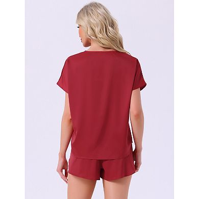 Women's Satin Silky Pajama Set Short Sleeve Crew Neck Front Pocket Top Drawstring Shorts Sleepwear