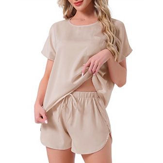 Women's Satin Silky Pajama Set Short Sleeve Crew Neck Front Pocket Top Drawstring Shorts Sleepwear