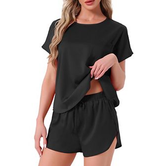 Women's Satin Silky Pajama Set Short Sleeve Crew Neck Front Pocket Top Drawstring Shorts Sleepwear