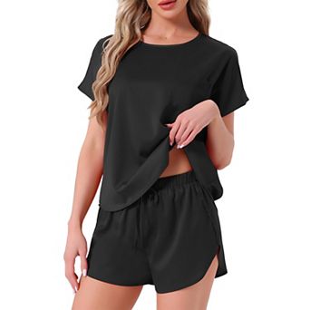 Women's Satin Silky Pajama Set Short Sleeve Crew Neck Front Pocket Top Drawstring Shorts Sleepwear