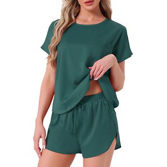 Women's Satin Silky Pajama Set Short Sleeve Crew Neck Front Pocket Top Drawstring Shorts Sleepwear