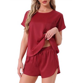 Women's Satin Silky Pajama Set Short Sleeve Crew Neck Front Pocket Top Drawstring Shorts Sleepwear