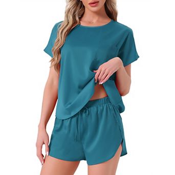 Women's Satin Silky Pajama Set Short Sleeve Crew Neck Front Pocket Top Drawstring Shorts Sleepwear