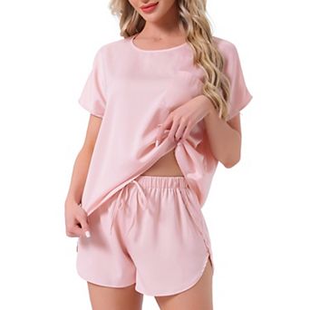 Women's Satin Silky Pajama Set Short Sleeve Crew Neck Front Pocket Top Drawstring Shorts Sleepwear