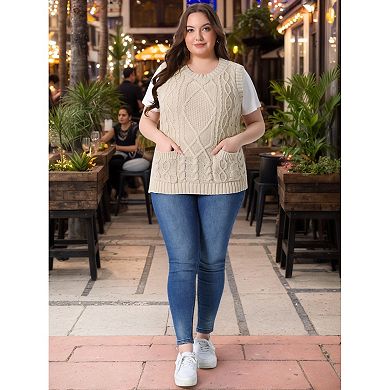 Plus Size Sweater Vest for Women Knitted Crew Neck Sleeveless Pocket Pullover Sweater Tops