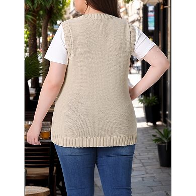 Plus Size Sweater Vest for Women Knitted Crew Neck Sleeveless Pocket Pullover Sweater Tops