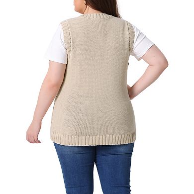 Plus Size Sweater Vest for Women Knitted Crew Neck Sleeveless Pocket Pullover Sweater Tops