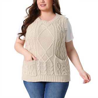 Plus Size Sweater Vest for Women Knitted Crew Neck Sleeveless Pocket Pullover Sweater Tops