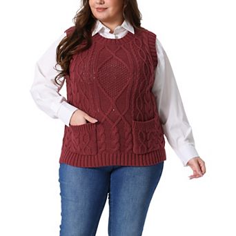 Plus Size Sweater Vest for Women Knitted Crew Neck Sleeveless Pocket Pullover Sweater Tops