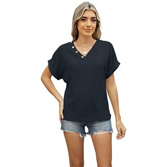 Women's Spring and Summer New V-neck Jacquard Buttons Short-sleeved T-shirt Loose Hollow Tops