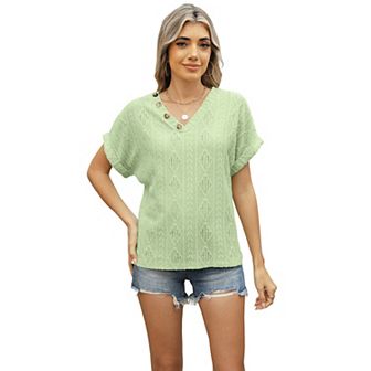 Women's Spring and Summer New V-neck Jacquard Buttons Short-sleeved T-shirt Loose Hollow Tops