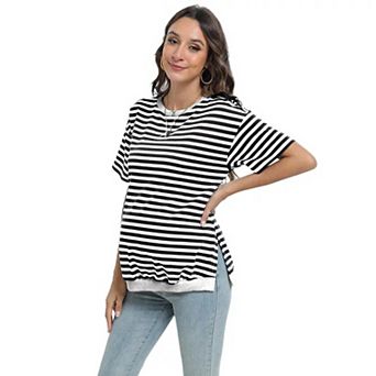 Maternity Shirts Women's Casual Tops Pregnancy Short Sleeve Striped Loose Tunic Top