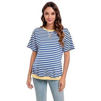 Maternity Shirts Women's Casual Tops Pregnancy Short Sleeve Striped Loose Tunic Top