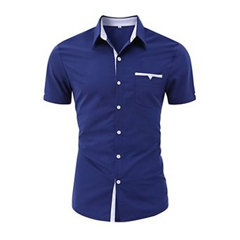 Men's Muscle Dress Shirts Banded Collar Short Sleeve Casual Button Down Shirt
