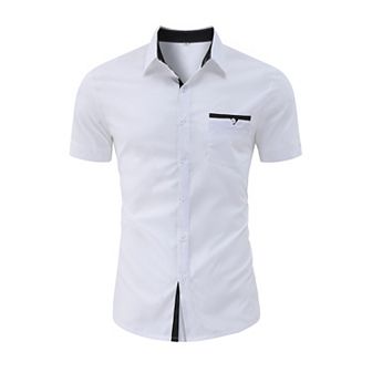Men's Muscle Dress Shirts Banded Collar Short Sleeve Casual Button Down Shirt