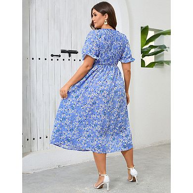 Womens Short Sleeve Summer Floral Dress Plus Size Smocked Ruffle Square Neck Casual Midi Dress