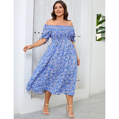 Womens Short Sleeve Summer Floral Dress Plus Size Smocked Ruffle Square Neck Casual Midi Dress
