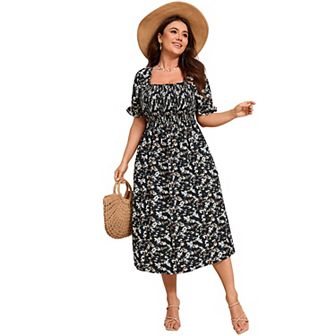 Womens Short Sleeve Summer Floral Dress Plus Size Smocked Ruffle Square Neck Casual Midi Dress
