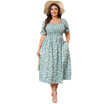 Womens Short Sleeve Summer Floral Dress Plus Size Smocked Ruffle Square Neck Casual Midi Dress