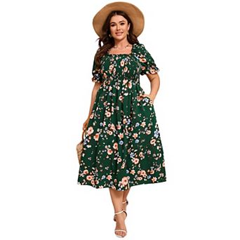 Womens Short Sleeve Summer Floral Dress Plus Size Smocked Ruffle Square Neck Casual Midi Dress
