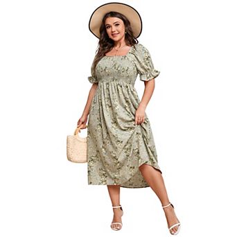 Womens Short Sleeve Summer Floral Dress Plus Size Smocked Ruffle Square Neck Casual Midi Dress