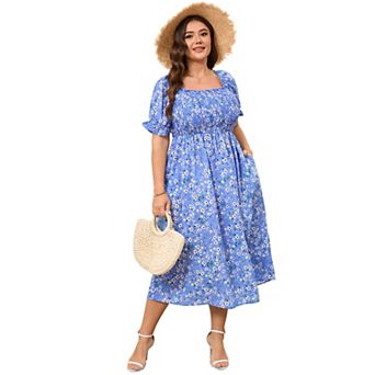 Womens Short Sleeve Summer Floral Dress Plus Size Smocked Ruffle Square Neck Casual Midi Dress