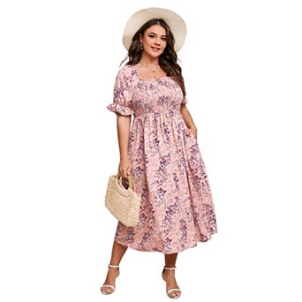 Womens Short Sleeve Summer Floral Dress Plus Size Smocked Ruffle Square Neck Casual Midi Dress