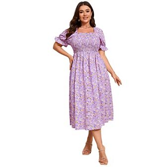 Womens Short Sleeve Summer Floral Dress Plus Size Smocked Ruffle Square Neck Casual Midi Dress