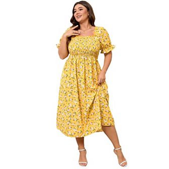 Womens Short Sleeve Summer Floral Dress Plus Size Smocked Ruffle Square Neck Casual Midi Dress