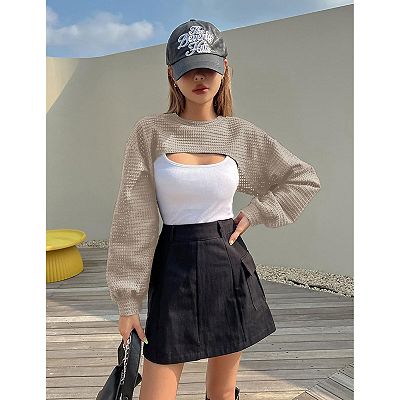 Women's Knitted Crop Top Long Sleeve Hollow Out Shrug Sweater Y2K