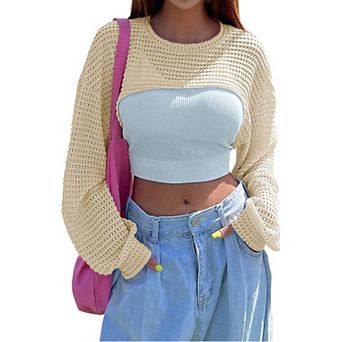 Women's Knitted Crop Top Long Sleeve Hollow Out Shrug Sweater Y2K Knit Cover Up Tops