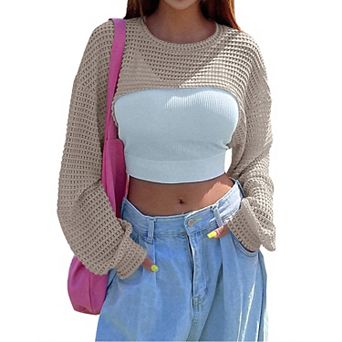 Women's Knitted Crop Top Long Sleeve Hollow Out Shrug Sweater Y2K Knit Cover Up Tops