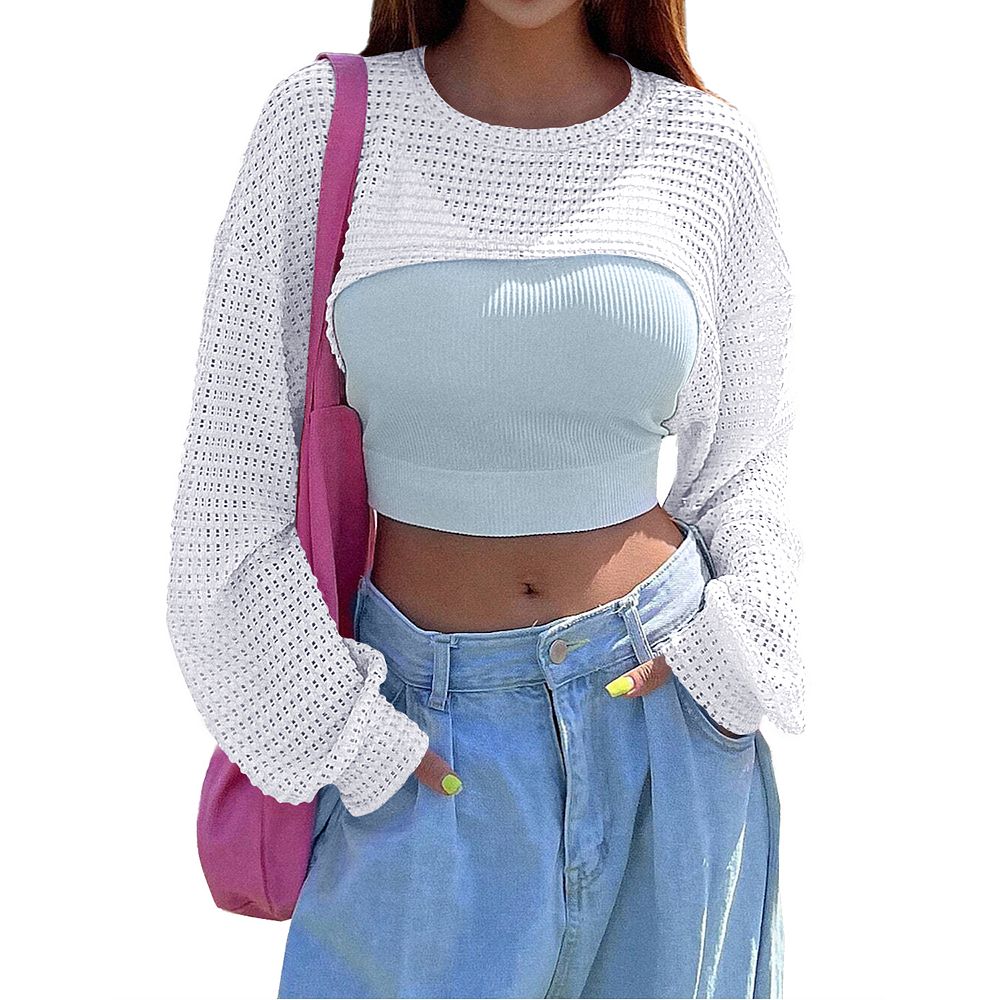 Women's Knitted Crop Top Long Sleeve Hollow Out Shrug Sweater Y2K