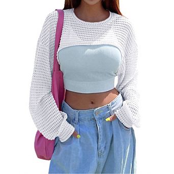 Women's Knitted Crop Top Long Sleeve Hollow Out Shrug Sweater Y2K Knit Cover Up Tops