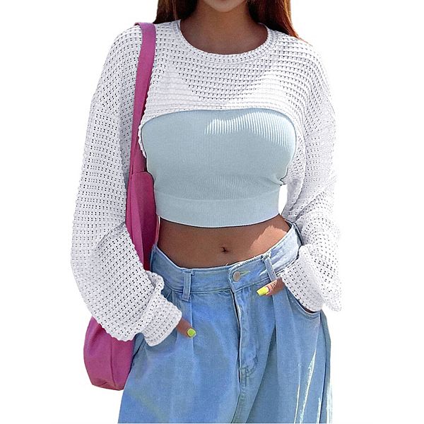 Women's Knitted Crop Top Long Sleeve Hollow Out Shrug Sweater Y2K