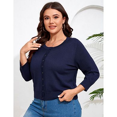 Women Plus Size Cardigan Round Neck Button Down 3/4 Sleeve Top Solid Casual Cardigan