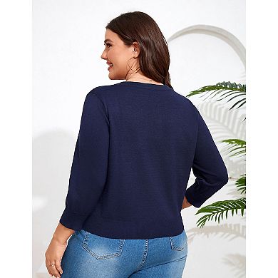 Women Plus Size Cardigan Round Neck Button Down 3/4 Sleeve Top Solid Casual Cardigan