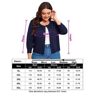Women Plus Size Cardigan Round Neck Button Down 3/4 Sleeve Top Solid Casual Cardigan