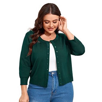 Women Plus Size Cardigan Round Neck Button Down 3/4 Sleeve Top Solid Casual Cardigan