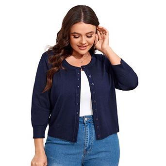 Women Plus Size Cardigan Round Neck Button Down 3/4 Sleeve Top Solid Casual Cardigan