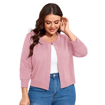Women Plus Size Cardigan Round Neck Button Down 3/4 Sleeve Top Solid Casual Cardigan